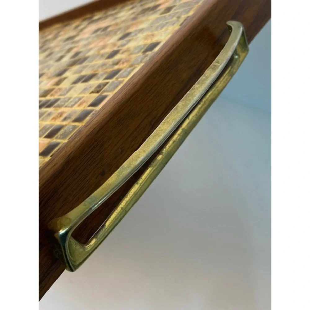 Vintage Mid Century Modern Mosaic Tile Wood Serving Tray Brass Handles Vered